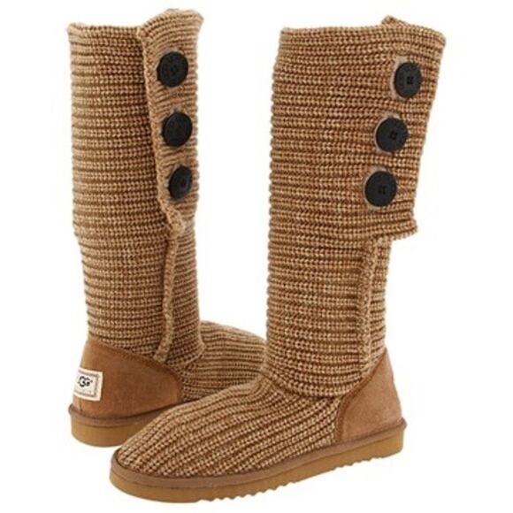 UGG Australia Cardy Knit Button Tall Fold Over Brown Tan Sweater Boot - Size 8 - Picture 1 of 12